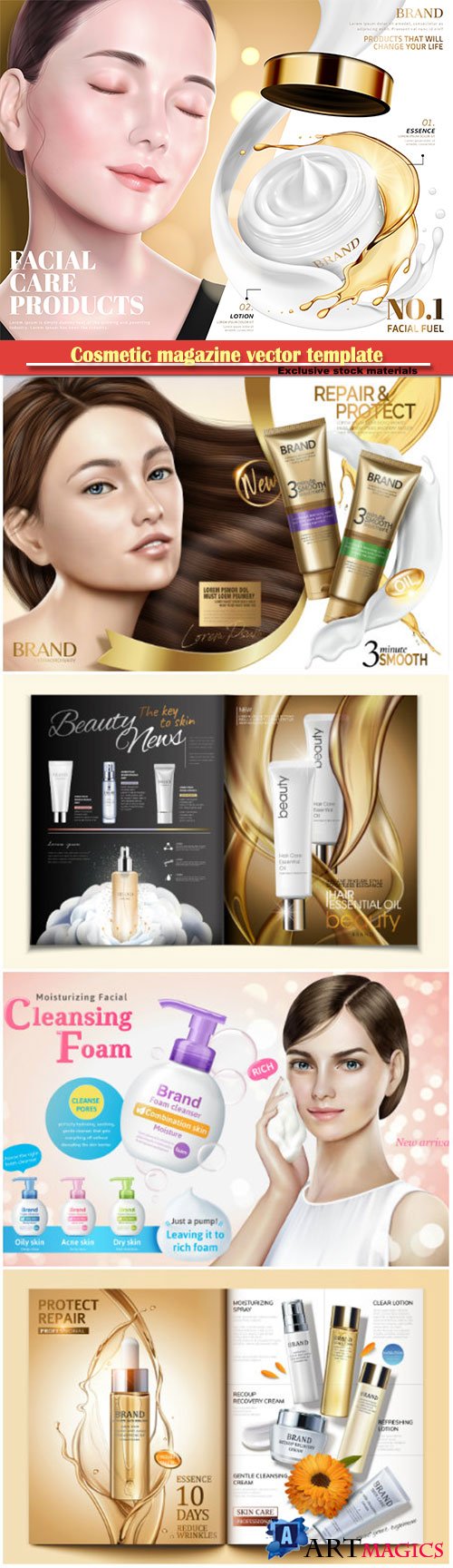 Cosmetic magazine vector template, attractive model with product containers in 3d illustration # 7