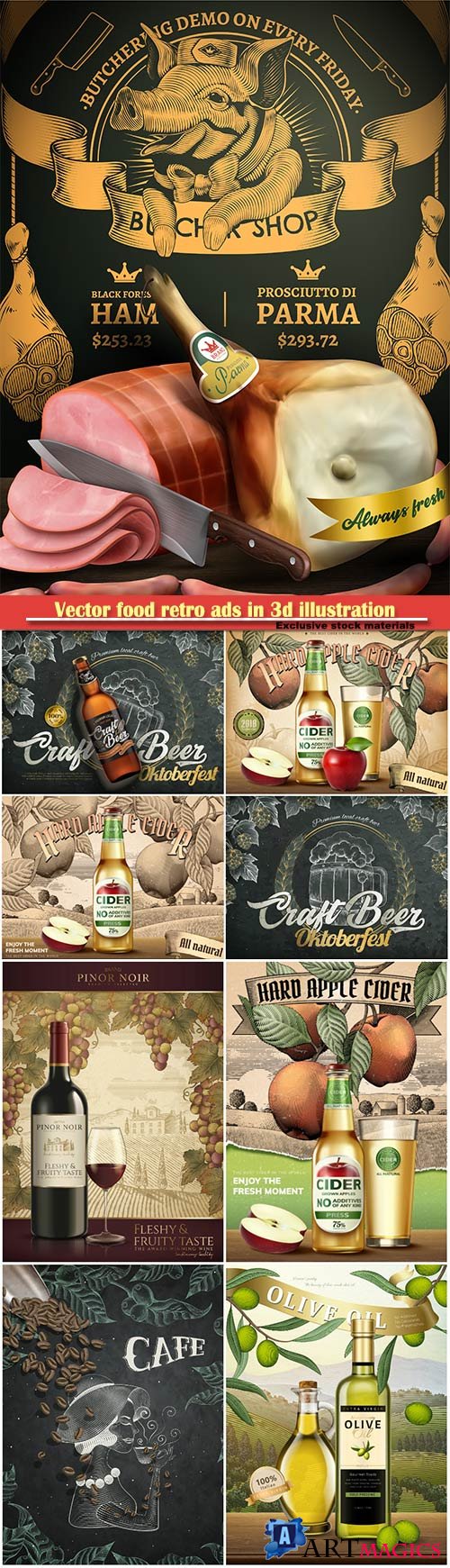 Vector food retro ads in 3d illustration, engraving style background
