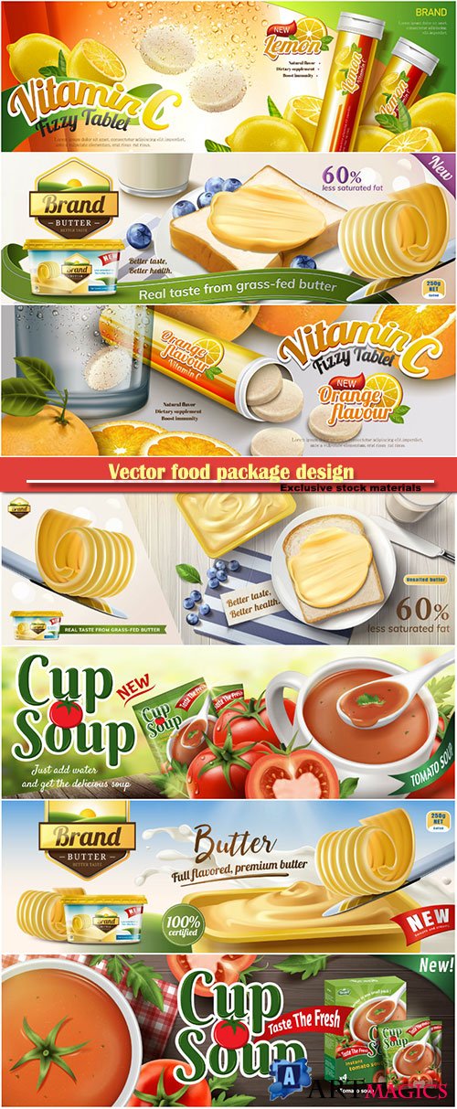 Vector food package design in 3d illustration, bokeh background