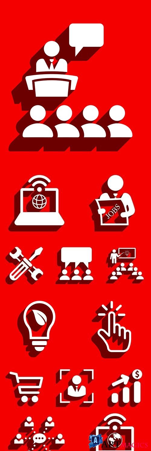 Business information icons on red background design