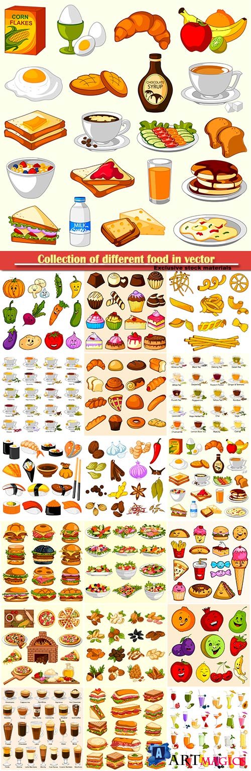 Collection of different food in vector, sweets, drinks, fast food, vegetables, fruits