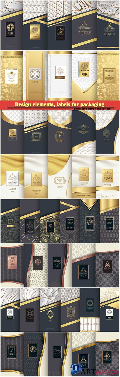 Collection of design elements, labels for packaging, design of luxury products for perfume, soap, wine, lotion
