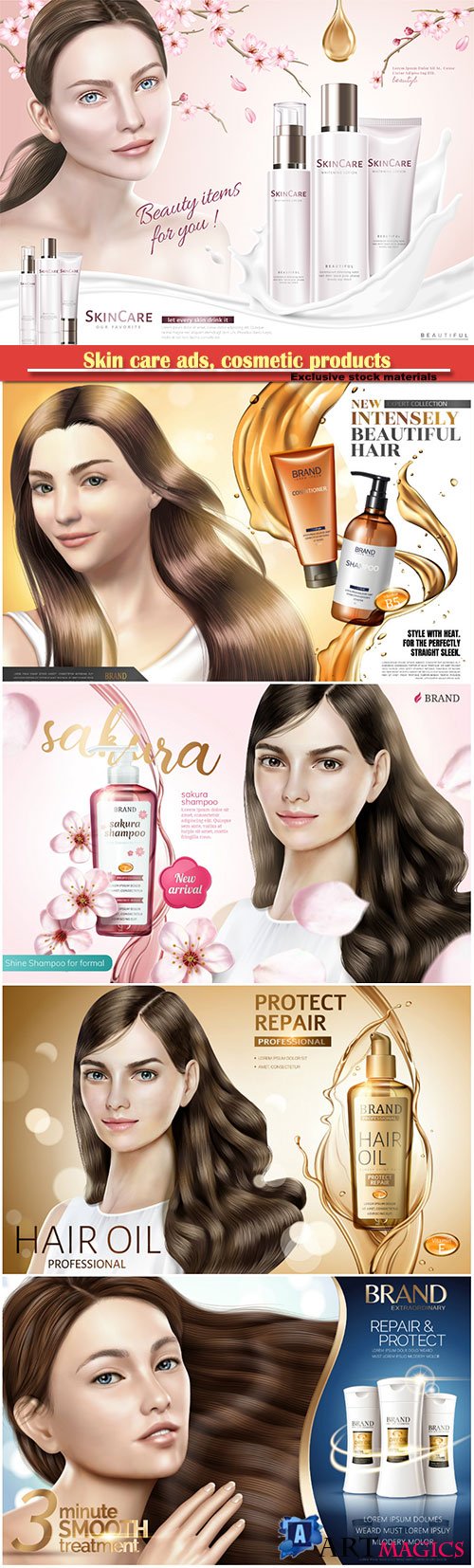 Skin care ads, cosmetic products, hair care product ads in 3d vector illustration