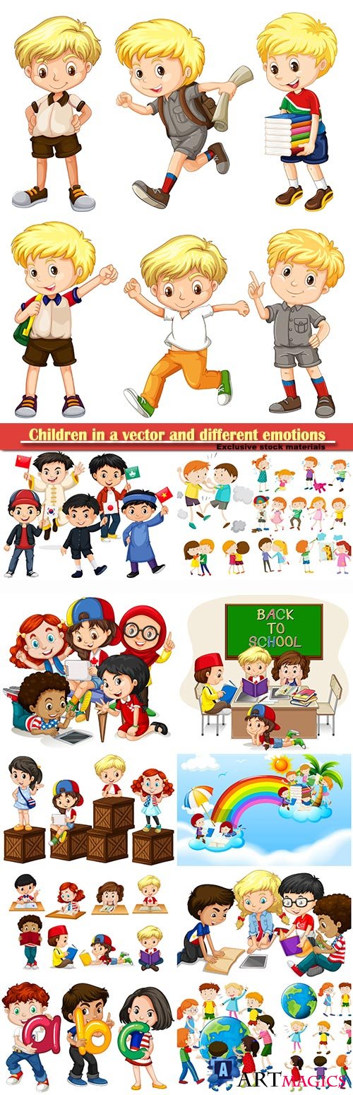Children in a vector and different emotions