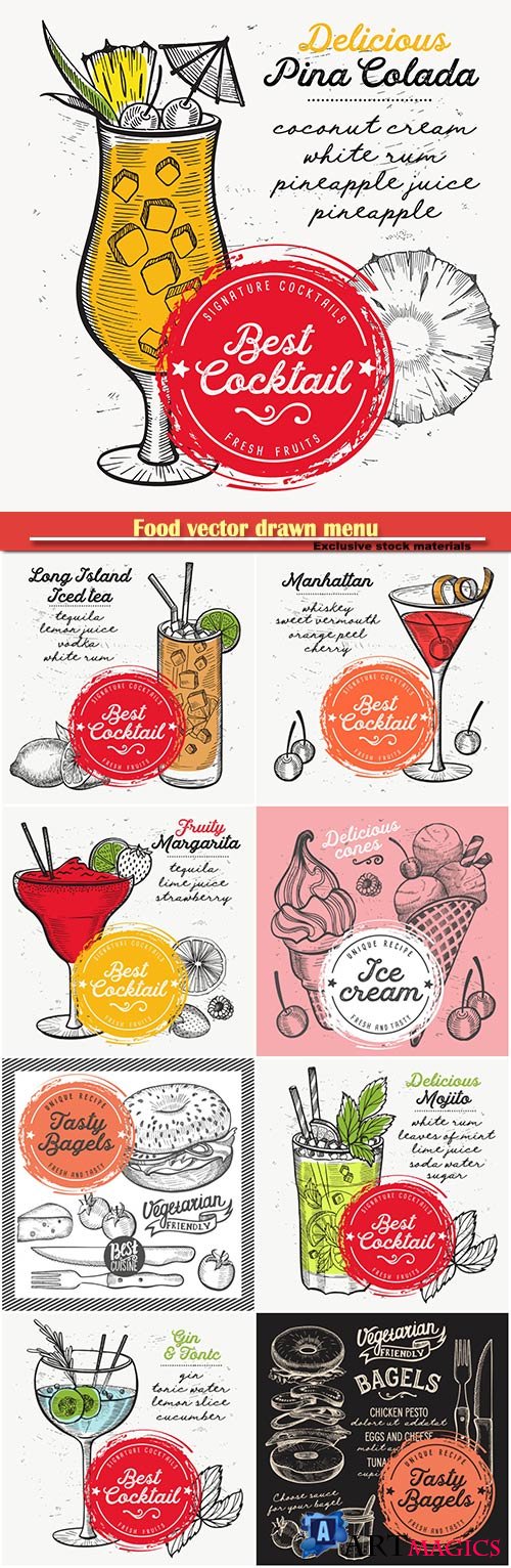 Food vector drawn menu, fast food, sushi, ice cream, cocktails