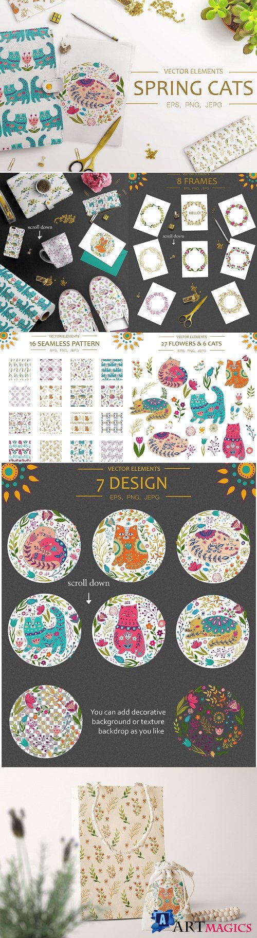 Vector Spring Cats and Plants - 2421455
