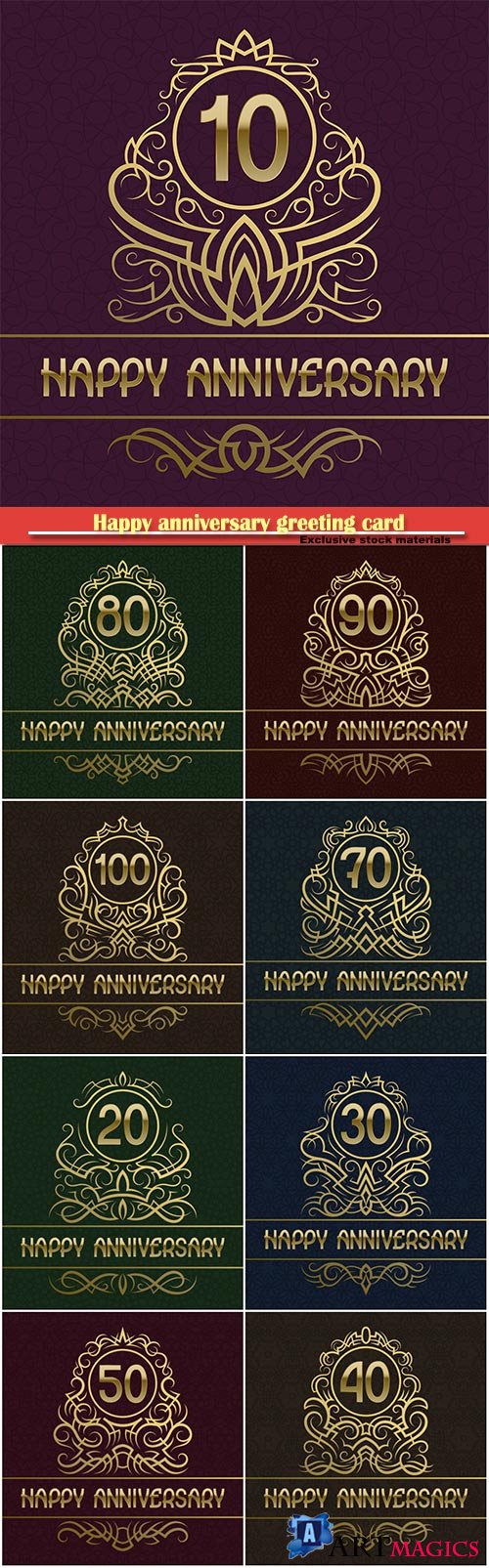 Happy anniversary greeting card with vintage design golden elements