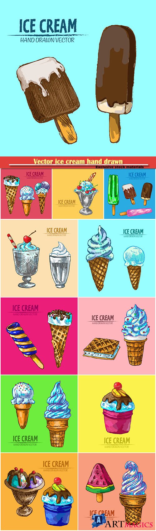 Vector ice cream hand drawn retro illustration collection set
