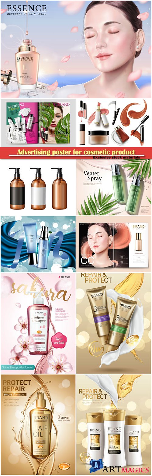 Advertising poster for cosmetic product, magazine, design of cosmetic package