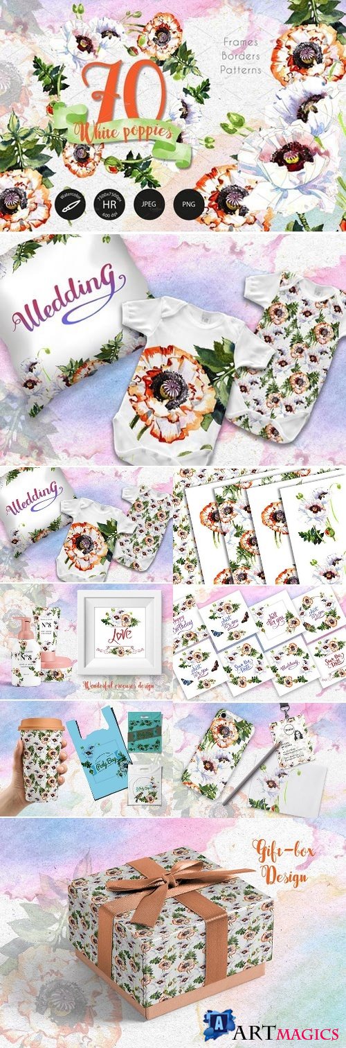 White poppies PNG watercolor set 2430595