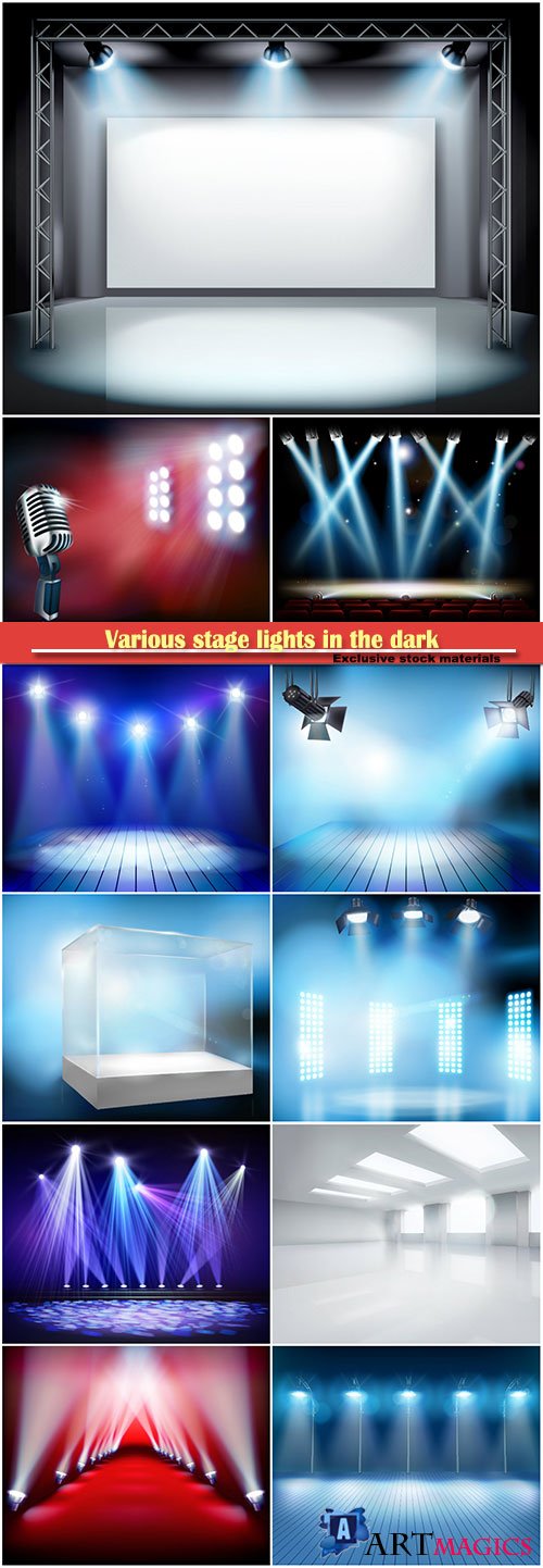 Various stage lights in the dark, vector spotlight on stage