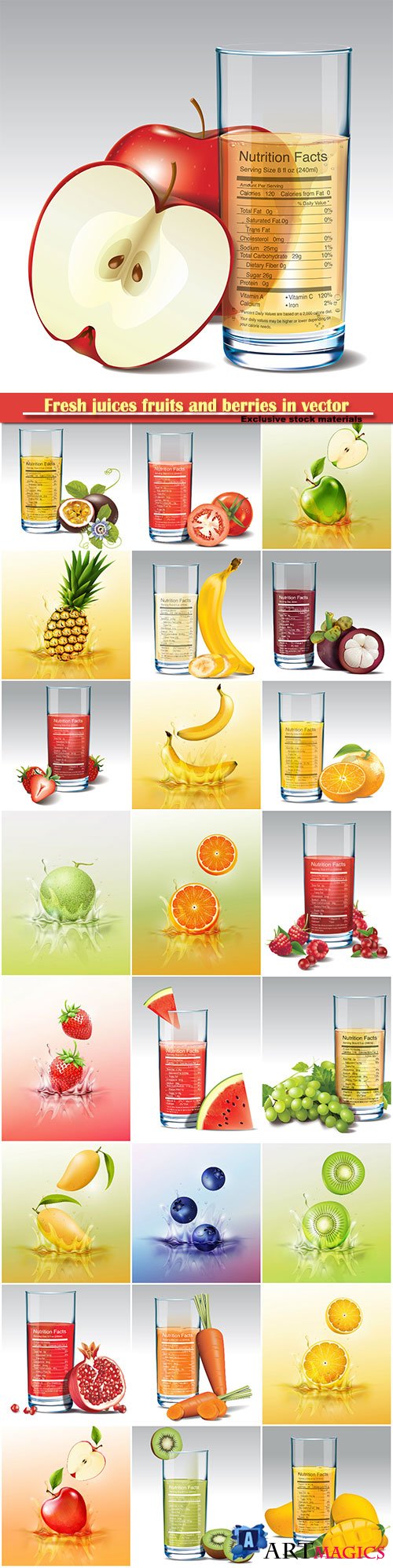 Fresh juices fruits and berries in vector