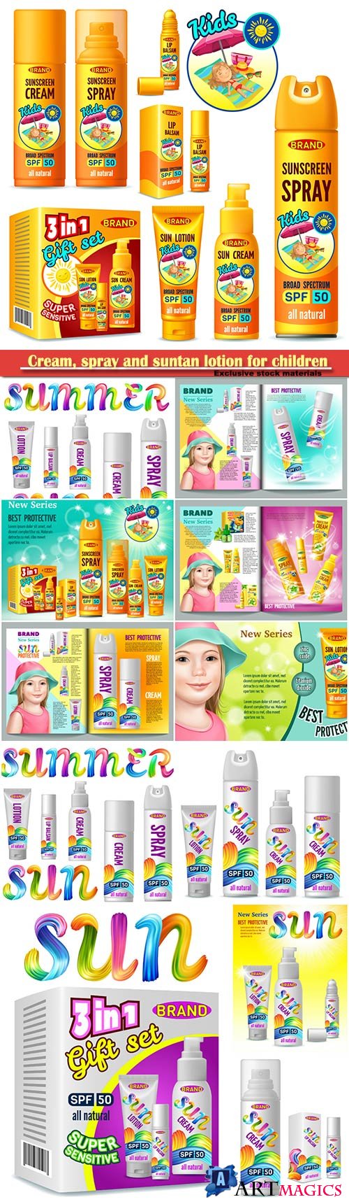 Cream, spray and suntan lotion for children