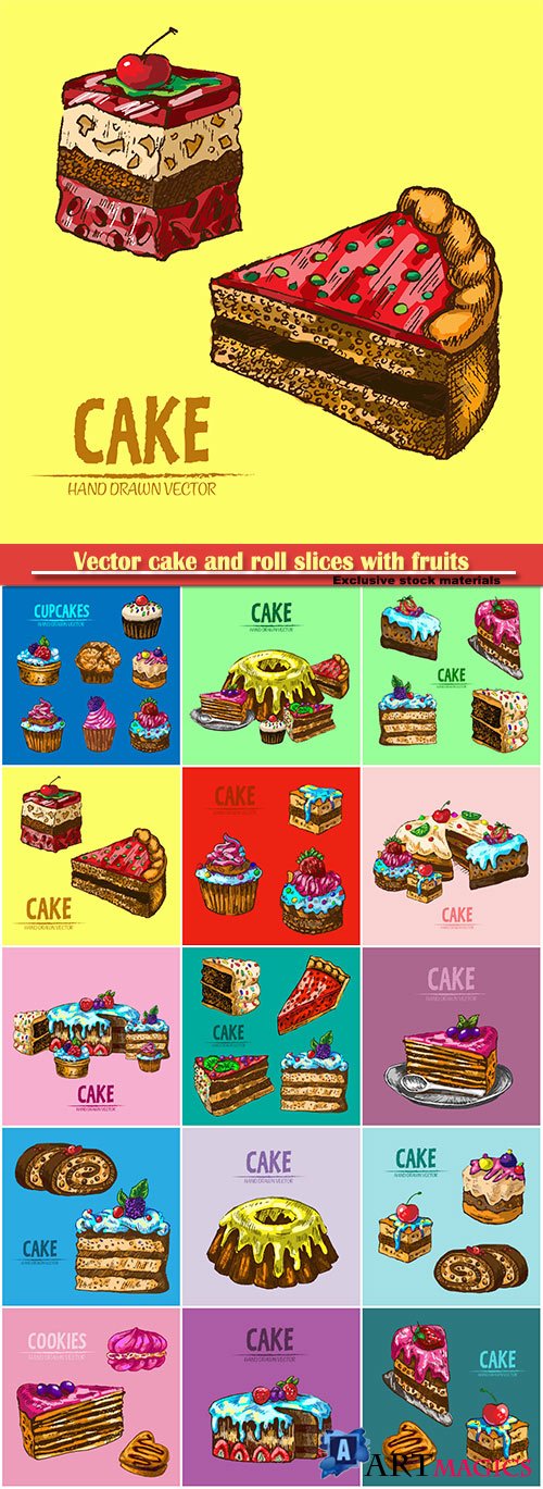 Vector cake and roll slices with fruits hand drawn retro illustration
