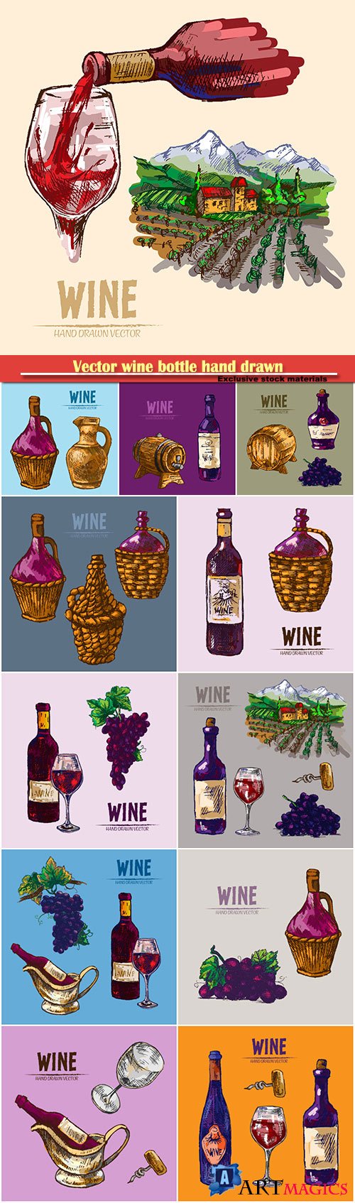 Vector wine bottle hand drawn retro illustration