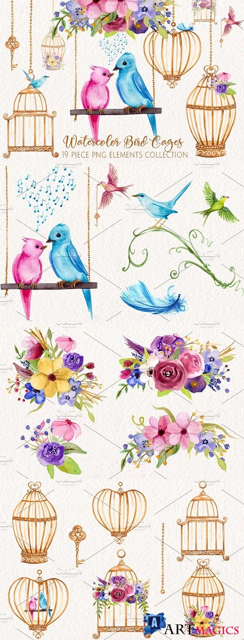 Watercolor Love Birds and Cages 2444846