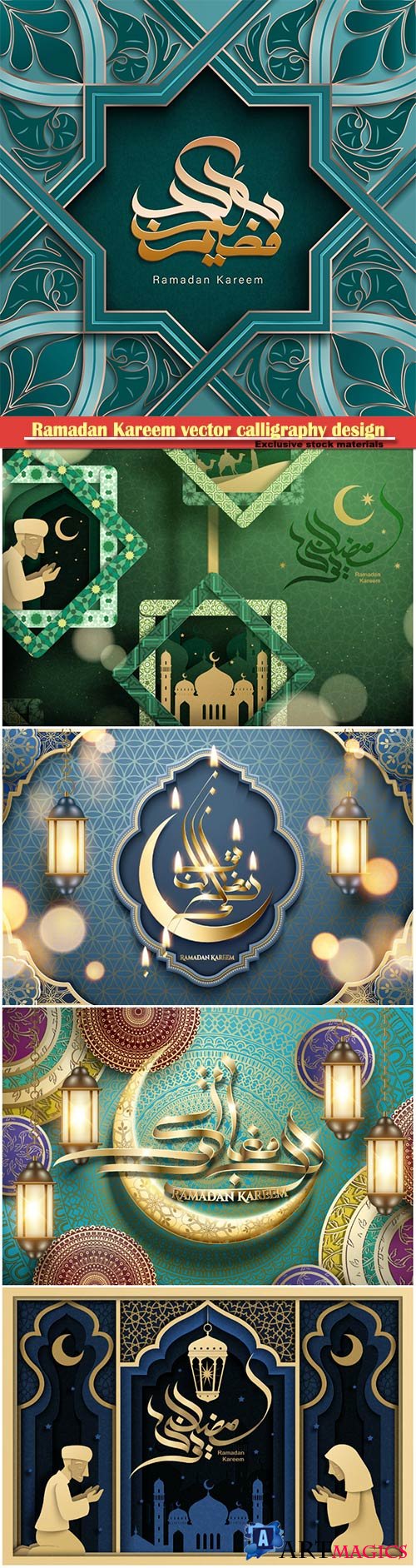 Ramadan Kareem vector calligraphy design with decorative floral pattern,mosque silhouette, crescent and glittering islamic background # 1