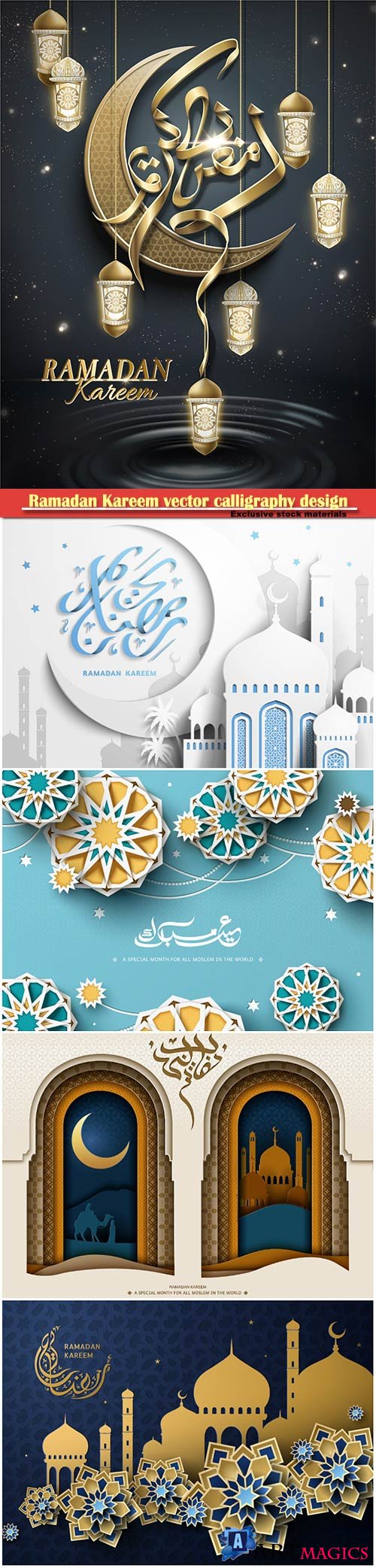 Ramadan Kareem vector calligraphy design with decorative floral pattern,mosque silhouette, crescent and glittering islamic background # 7