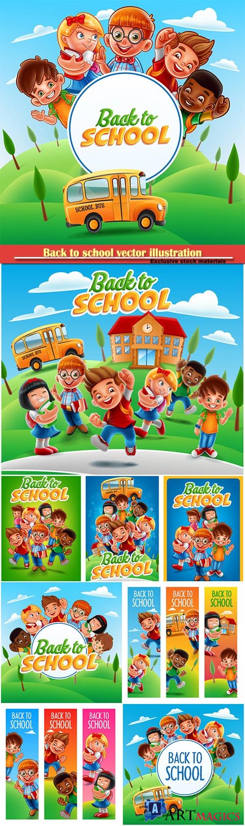 Back to school vector illustration, funny kids with school books