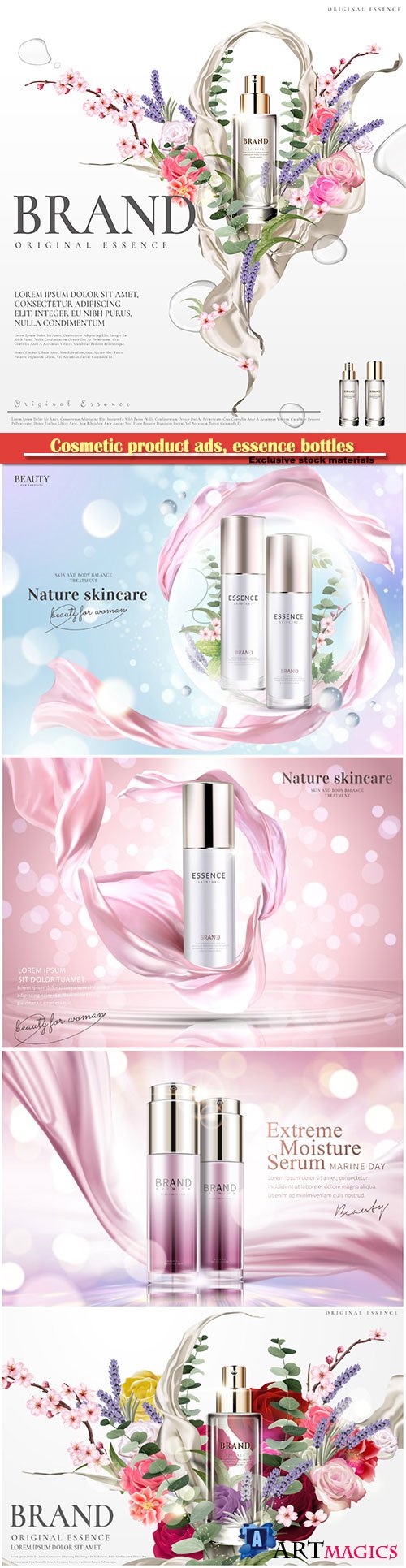 Cosmetic product ads, essence bottles with floral and plants in bubbles in 3d illustration, glitter bokeh background