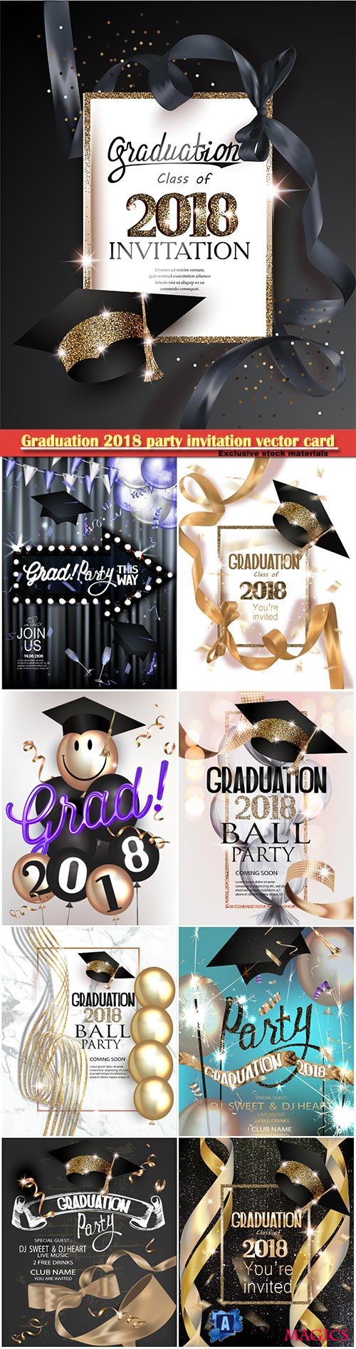 Graduation 2018 party invitation vector card with hat and long gold silk ribbon and confetti