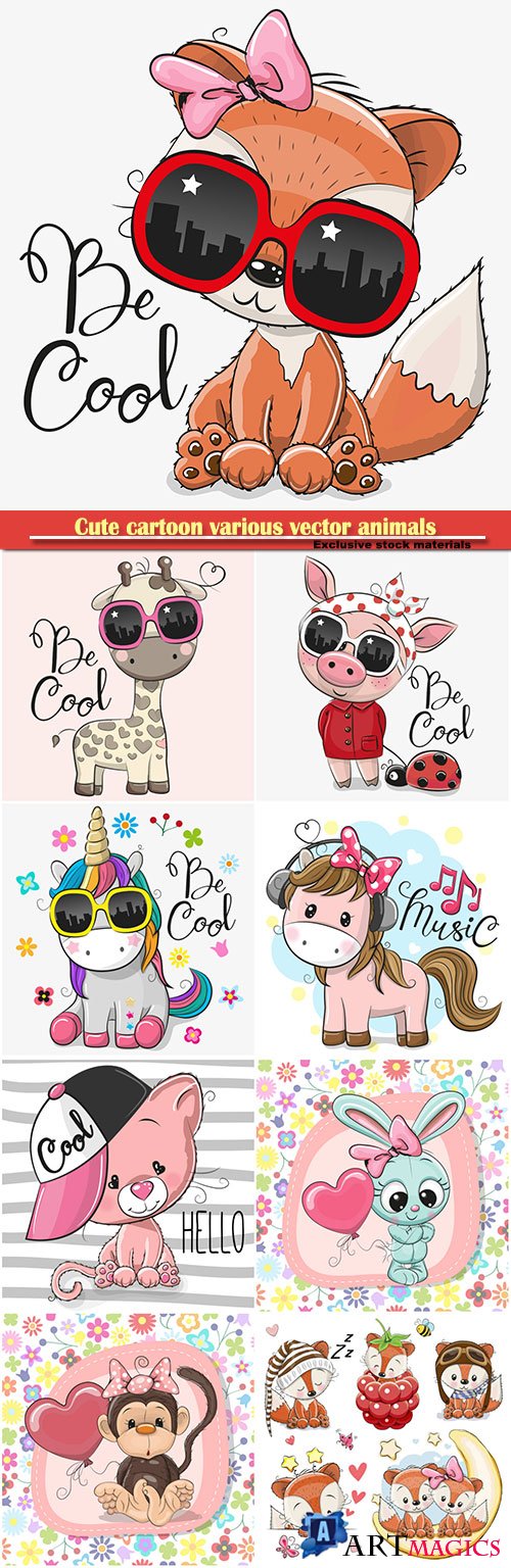 Cute cartoon various vector animals and girls