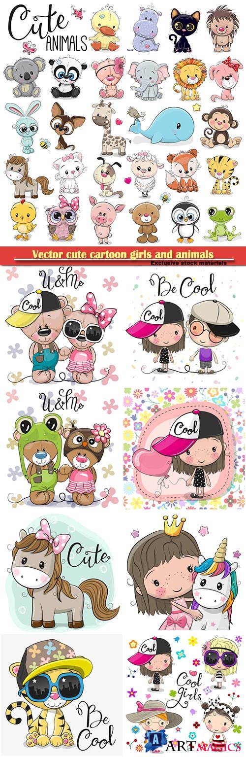 Vector cute cartoon girls and various animals
