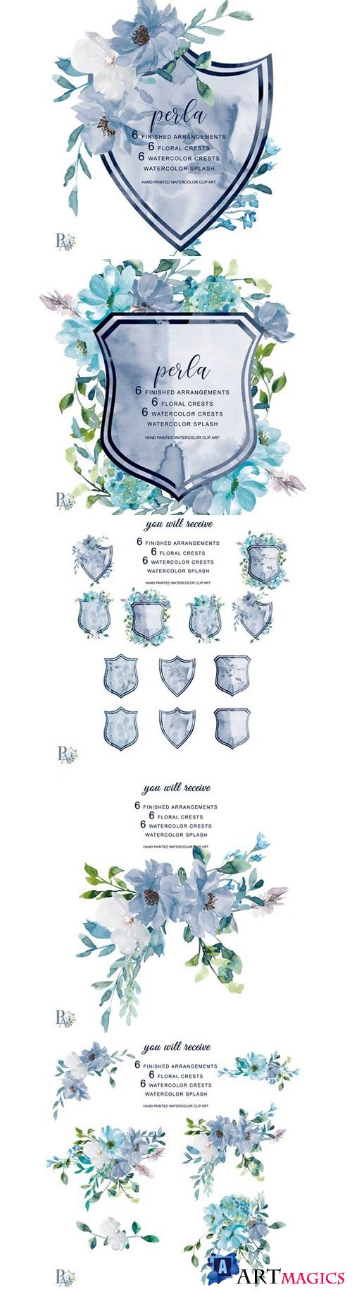 Watercolor French Blue Floral Crests 2379747