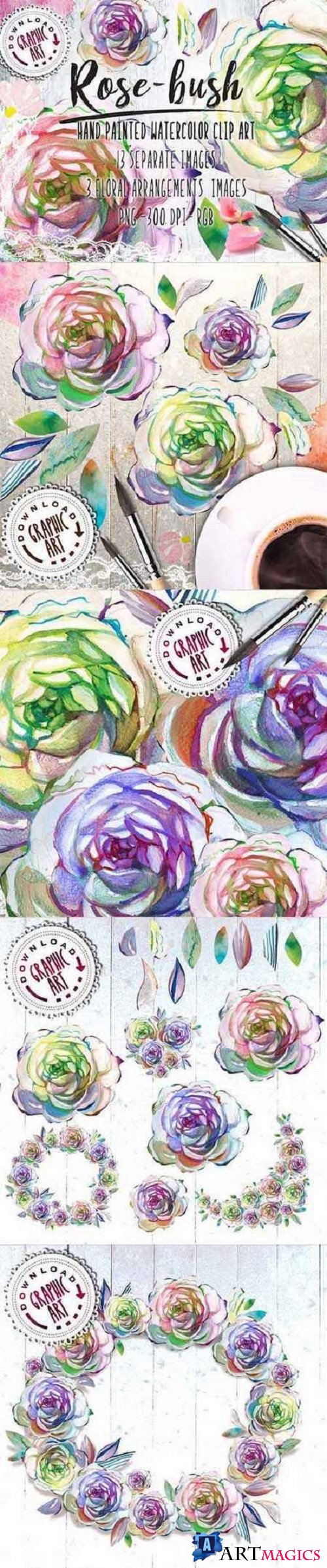 Watercolor Clipart; Rose Wreath - 2391544