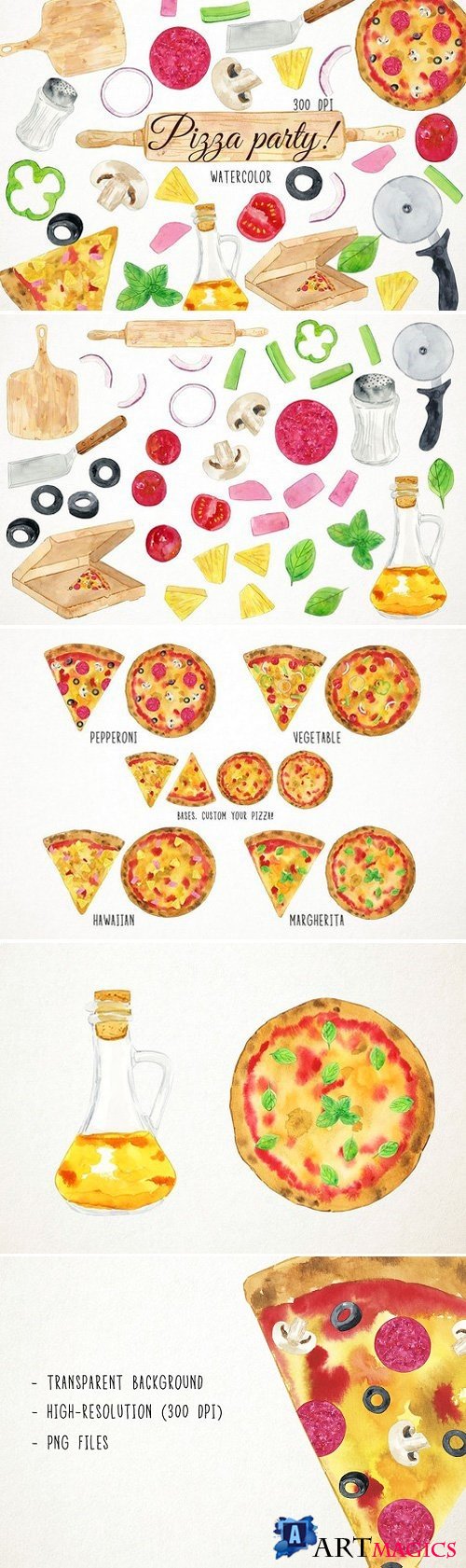 Watercolor Pizza Party Clipart 2486320