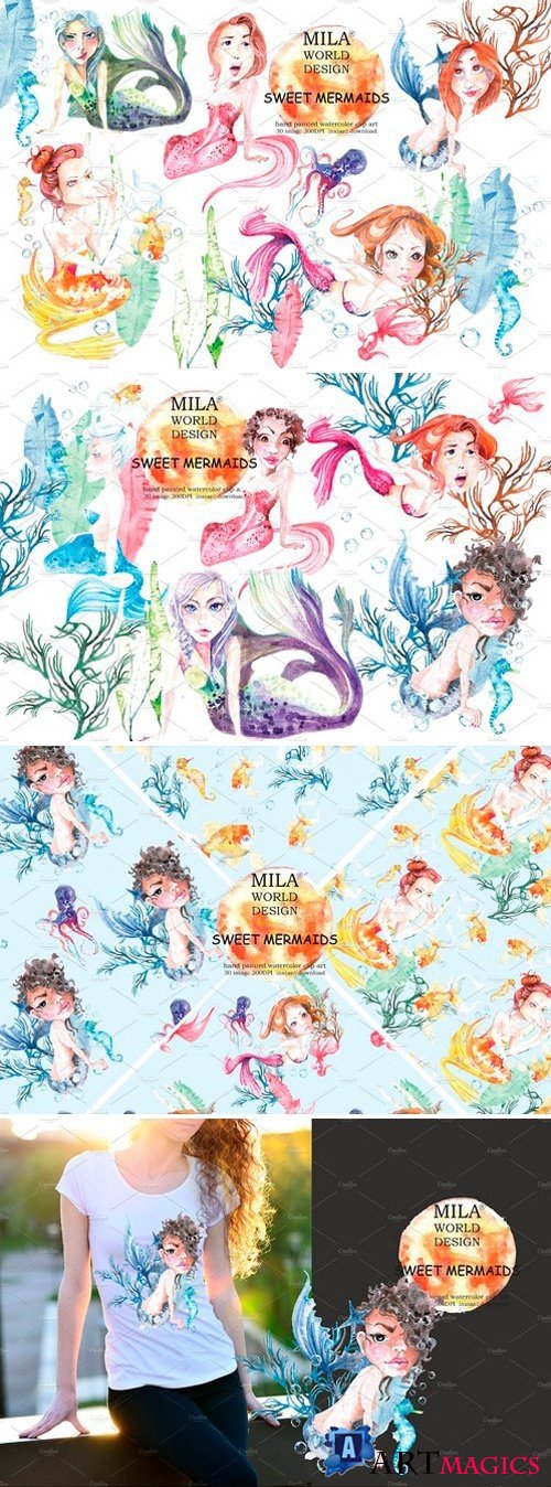 Sweet Mermaids Watercolor Illustrati - 2486747