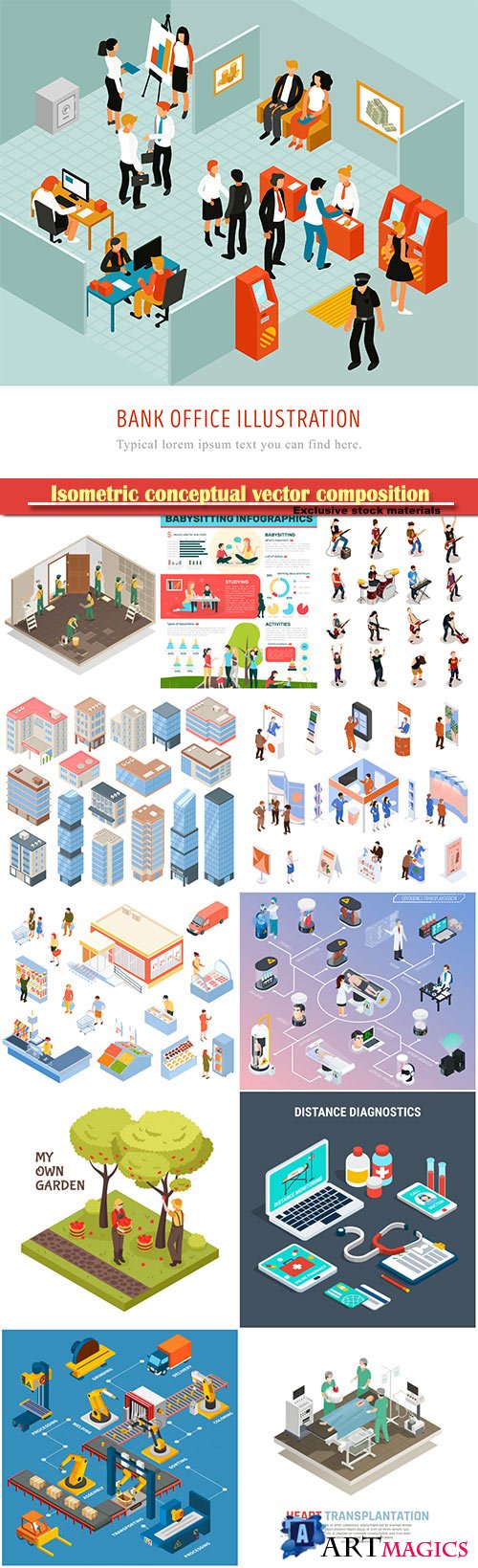 Isometric conceptual vector composition, infographics template set