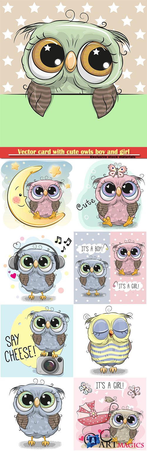 Vector greeting card with cute owls boy and girl
