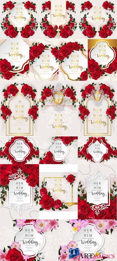       / Wedding invitation with roses in vector