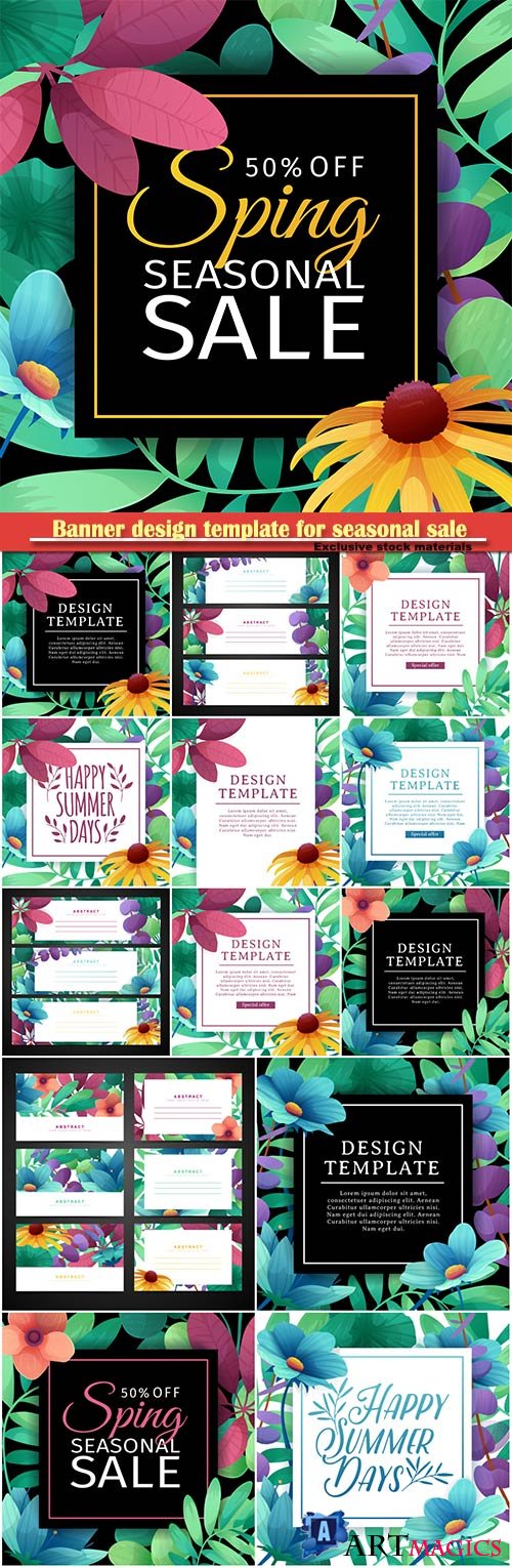 Banner design template for seasonal sale, elegant decoration of flowers, plants, grass