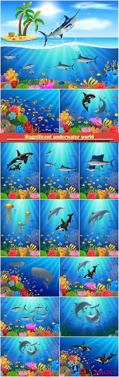 Magnificent underwater world and its inhabitants, vector dolphins, whales, fishes