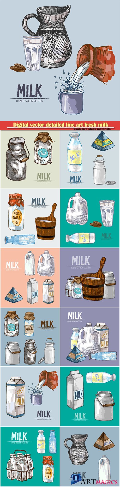 Digital vector detailed line art fresh milk in glass bottles hand drawn retro illustration collection set