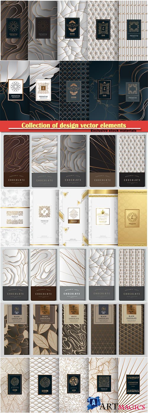 Collection of design vector elements, labels, frames, for packaging, design of luxury products