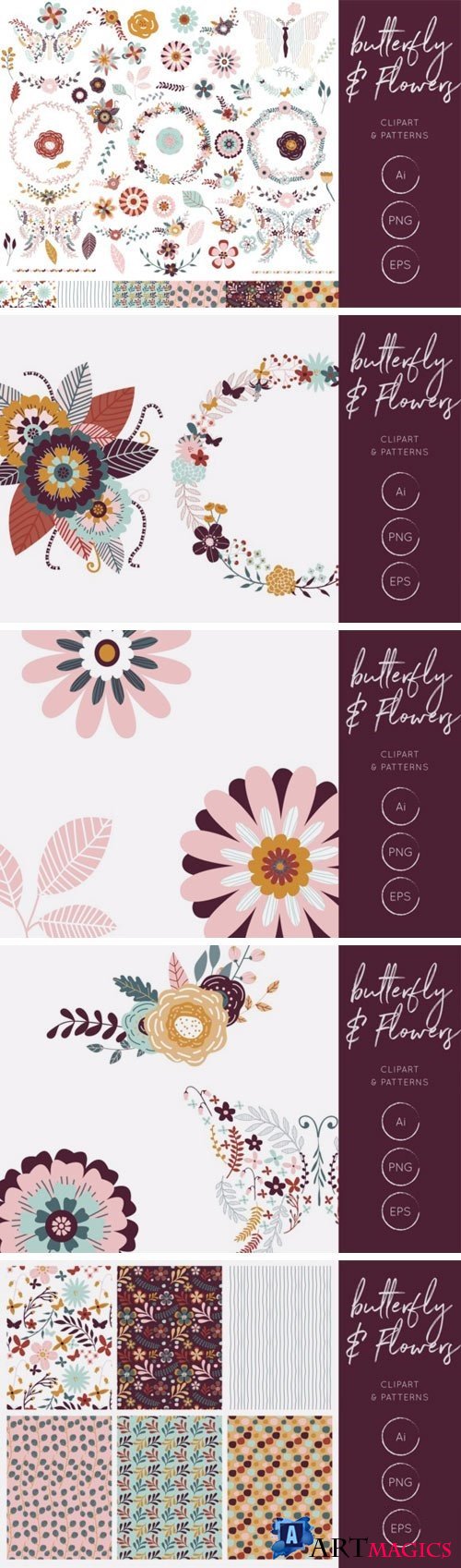 Butterfly & Flowers Clipart and Patterns