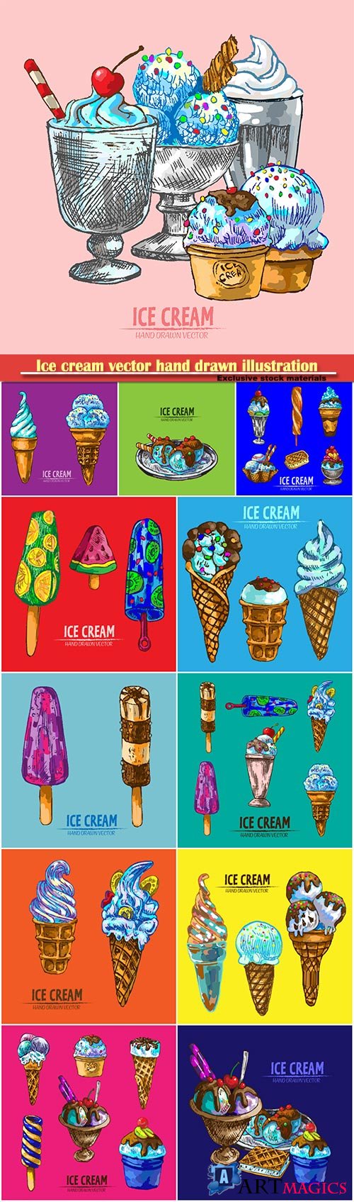Ice cream vector hand drawn retro illustration collection set