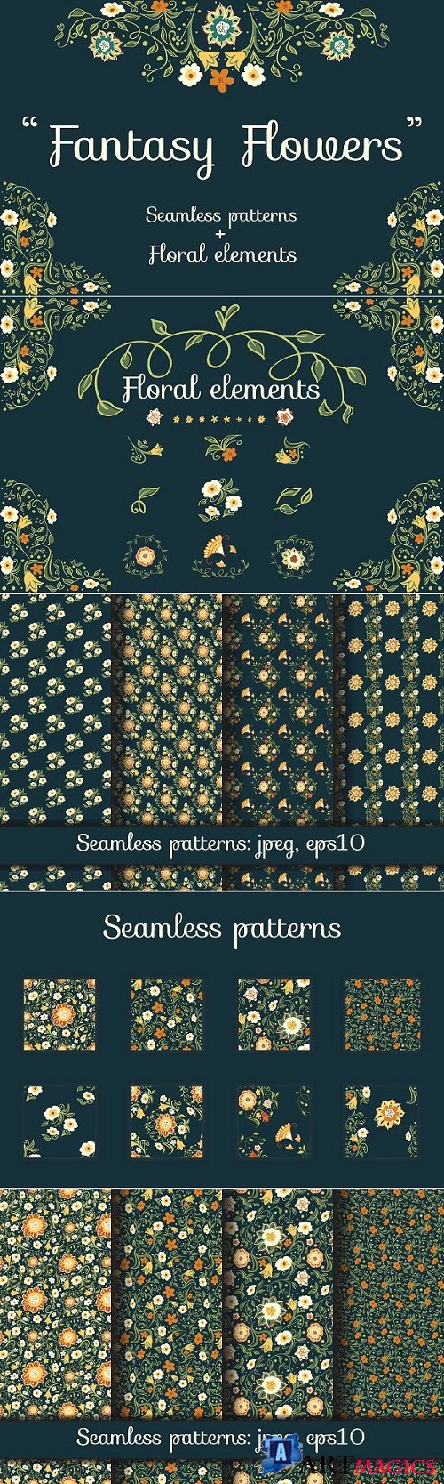 Fantasy Flowers. Seamless Patterns 2147584