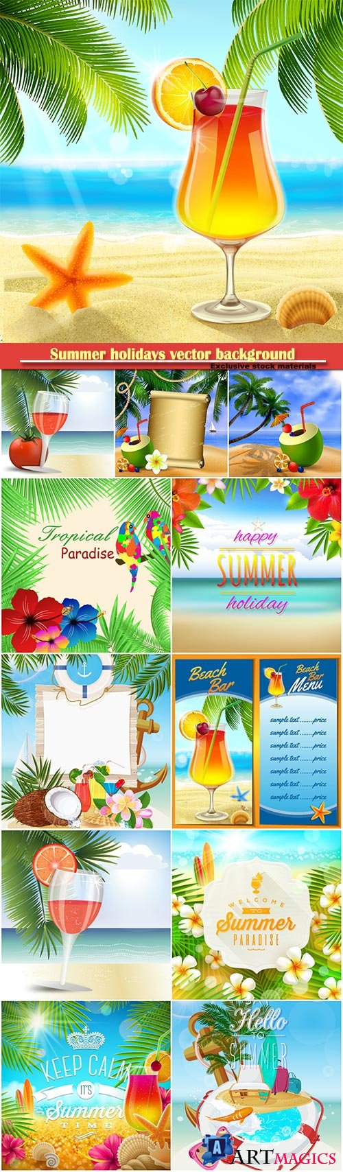 Summer holidays vector background, tropical beach, sea, fresh cocktails, sand # 4