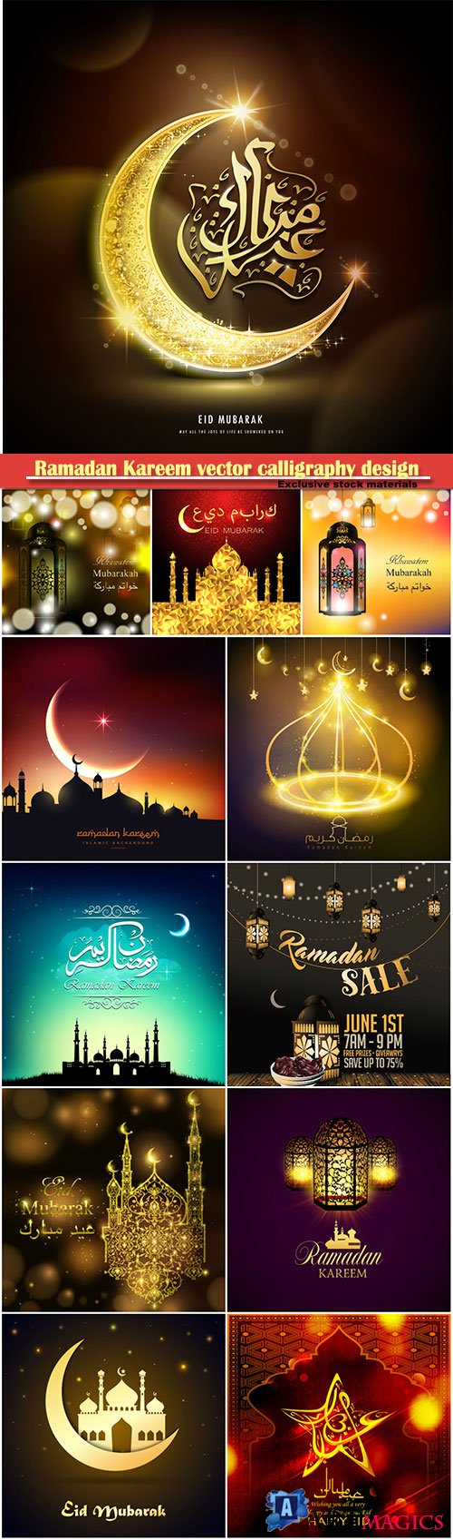Ramadan Kareem vector calligraphy design with decorative floral pattern, mosque silhouette, crescent and glittering islamic background # 25