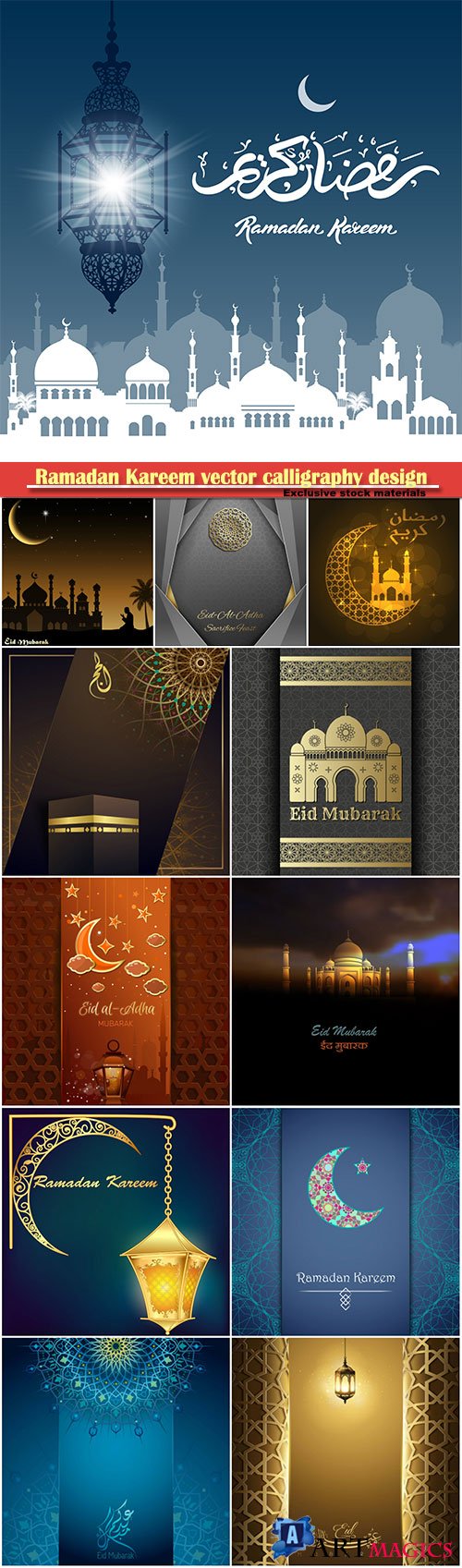 Ramadan Kareem vector calligraphy design with decorative floral pattern, mosque silhouette, crescent and glittering islamic background # 23