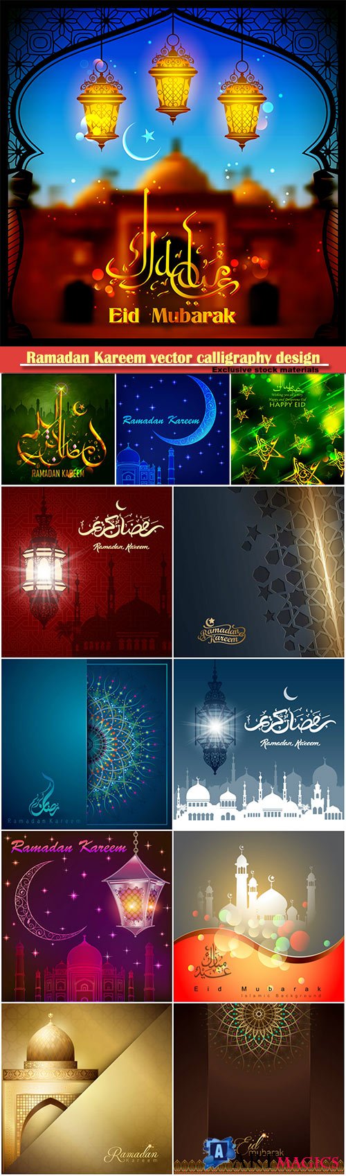Ramadan Kareem vector calligraphy design with decorative floral pattern, mosque silhouette, crescent and glittering islamic background # 26