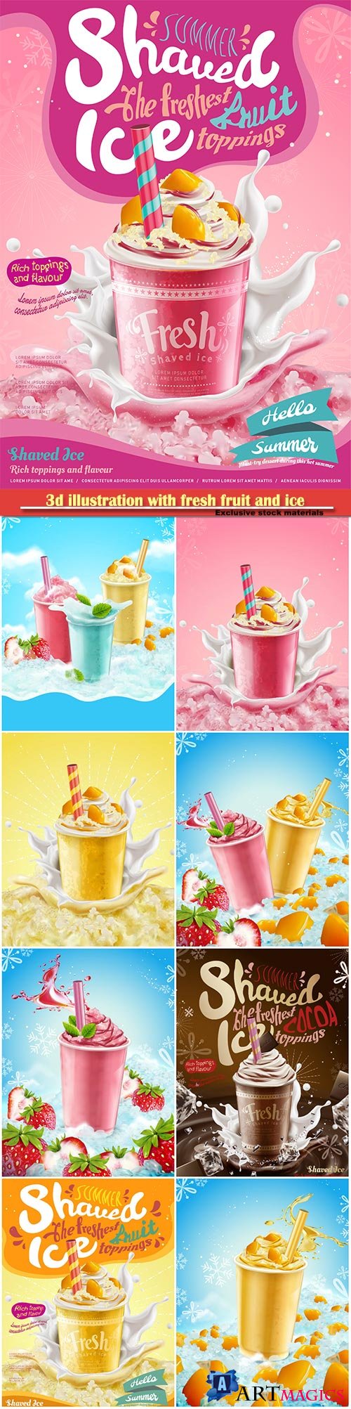 3d illustration with fresh fruit and ice elements, syrup ice shaved ads with creamy topping and splashing