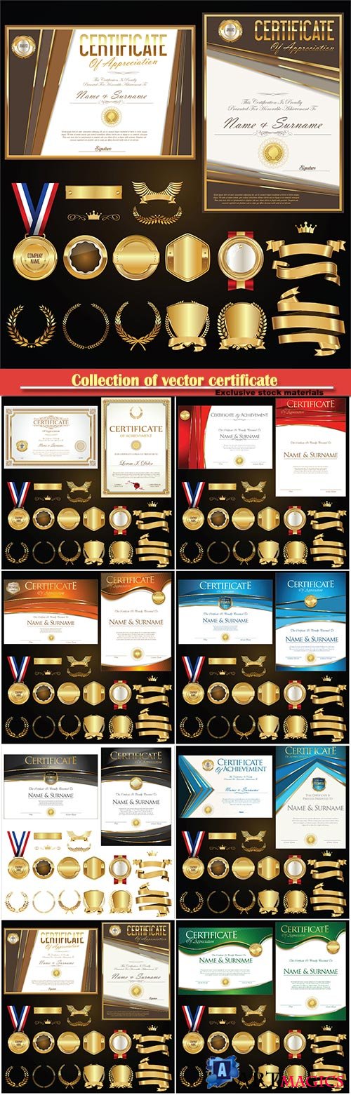 Collection of vector certificate badges labels shields and laurels
