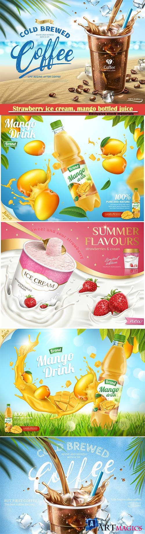 Strawberry ice cream, mango bottled juice, coffee ads, 3d vector illustration