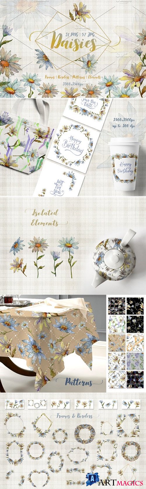 Cool white chamomile PNG watercolor set - 2678131