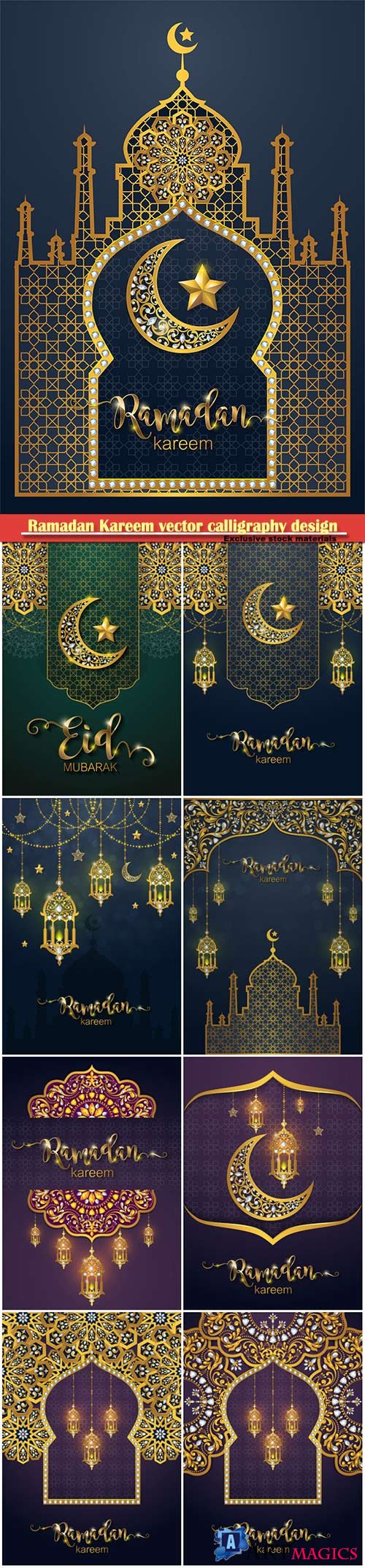 Ramadan Kareem vector calligraphy design with decorative floral pattern, mosque silhouette, crescent and glittering islamic background # 32